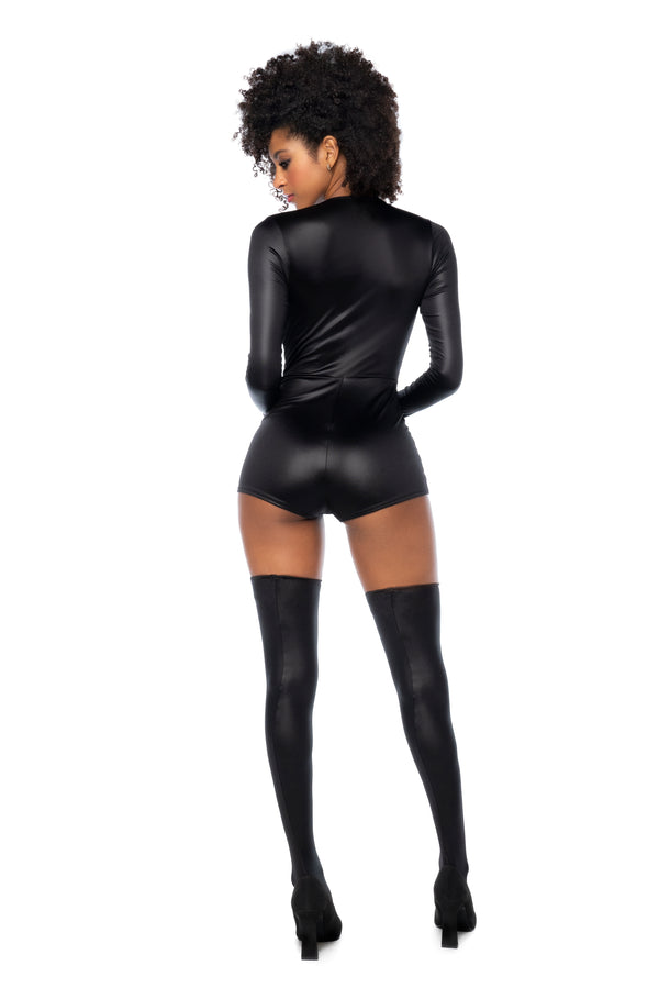 Back view of a sexy police costume mini jumpsuit in wet look fabric, highlighting the sleek design and figure-hugging fit for a daring appearance.