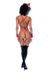 Back view of a polka dot mesh bodysuit with feather trims, showcasing the strappy back design and thong back