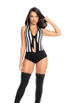 Front view of a sexy referee costume featuring a printed bodysuit with a front tie halter neckline and medium coverage for a bold and sporty look.