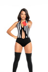 Back view of a sexy referee costume bodysuit, showcasing medium coverage and an adjustable crotch fastening for a comfortable and flattering fit.