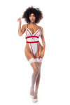 Sexy Nurse Costume with Striped Mesh Bodysuit & Headpiece