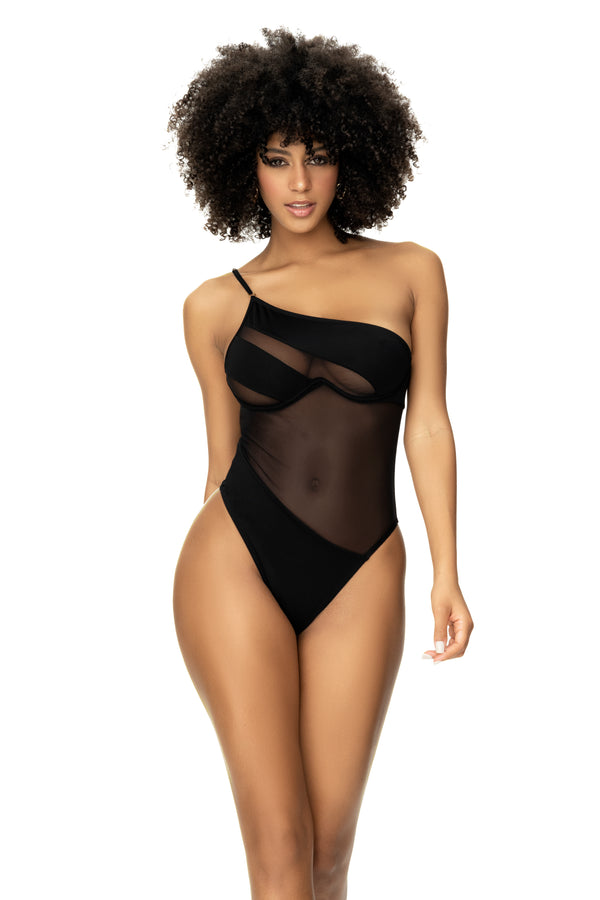 Asymmetrical Black and Mesh One-Piece - Underwire Support with Brazilian Bottom - High-quality, stylish, and affordable.