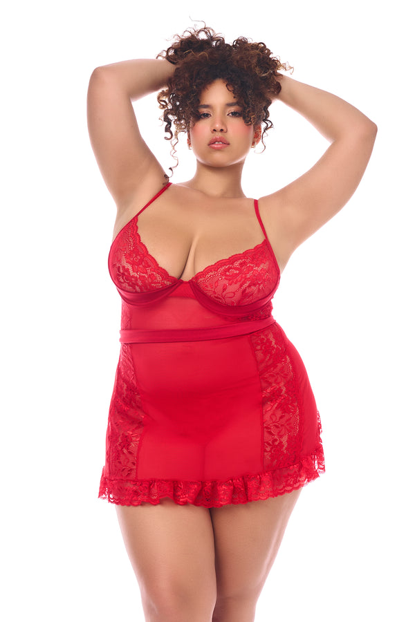 Playful Elegance: Lace & Sheer Mesh Bodysuit with Ruffle Trims