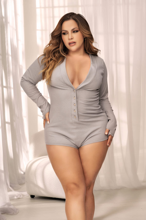 Cozy Embrace Gray Rib Romper Long Sleeve Functional Buttons