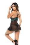 A two-tone lace babydoll featuring a touch of shine, side slit, adjustable straps, and matching thong with a semi-loose silhouette.