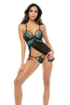 A two-tone lace babydoll featuring a touch of shine, side slit, adjustable straps, and matching thong with a semi-loose silhouette.