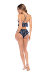 Satin Sapphire Astral Print Two-Piece Lingerie Set with Ruffle Trim