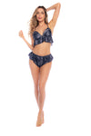 Satin Sapphire Astral Print Two-Piece Lingerie Set with Ruffle Trim