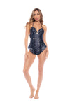 Satin Sapphire Astral Romper with Crossback Straps & Ruffle Trim