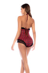 Flirty Red Plaid Lace-Up Romper with Black Lace Trim & Sheer Seduction