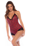 Flirty Red Plaid Lace-Up Romper with Black Lace Trim & Sheer Seduction