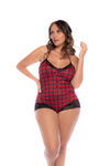 Flirty Red Plaid Lace-Up Romper with Black Lace Trim & Sheer Seduction