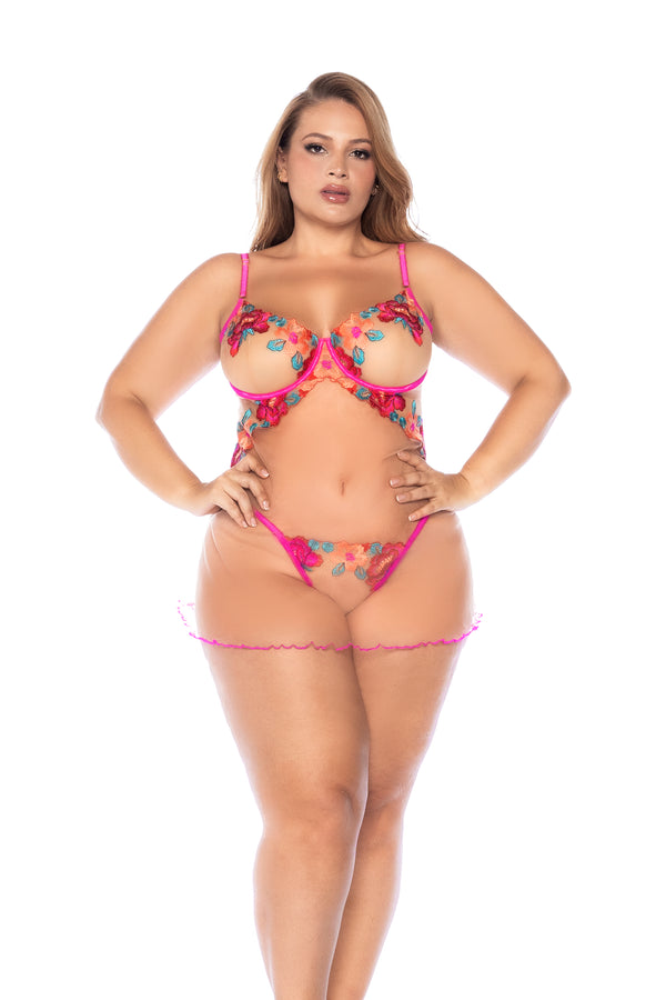 Seductive Garden Babydoll with Floral Embroidery & G-String