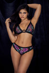 Elegant Blooms Set Vibrant Floral Sheer Mesh Contrasting Lace Trims Underwire Support Adjustable Straps Matching Panty