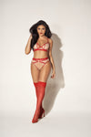 Whimsical Embrace Nude Mesh Red Accents Lingerie Set Heart Shaped Hardware Detail