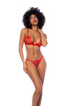 A two-piece lingerie set in passionate red featuring an embroidered lace triangle bralette with adjustable straps and a matching thong for a seductive and romantic look.