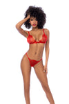 A two-piece lingerie set in passionate red featuring an embroidered lace triangle bralette with adjustable straps and a matching thong for a seductive and romantic look.