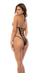 Black Satin and Mesh Bodysuit - Lace-Up Design with Halter Neck Tie