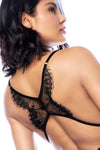  A floral print bodysuit featuring eyelash lace trims, a high-cut design, strappy back, adjustable straps, and crotch fastening.