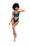 An eyelash lace bodysuit featuring provocative cut-outs, adjustable straps, an open back design, and thong coverage for a daring and elegant look.