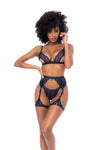 A three-piece lingerie set featuring contemporary lace with a bralette, semi-open cups, adjustable straps, a matching garter belt, and thong for a modern and seductive look.