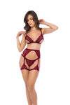 A three-piece lingerie set featuring contemporary lace with a bralette, semi-open cups, adjustable straps, a matching garter belt, and thong for a modern and seductive look.