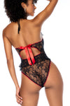 Back view Front of a floral lace bodysuit featuring underwire for support, ruffle details, contrast trims, a bow on the back, removable straps, medium coverage, and adjustable crotch fastening for an elegant and flirty look.