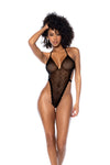 High-cut halter neck bodysuit in polka-dot mesh with lace trims.