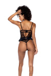 A corset illusion bodysuit with lace ruffle details, underwire support, adjustable straps, and thong coverage for a flattering and elegant look.