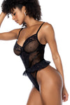 A corset illusion bodysuit with lace ruffle details, underwire support, adjustable straps, and thong coverage for a flattering and elegant look.