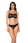 A modern square neck lace two-piece lingerie set featuring underwire support, adjustable straps, and a matching open-back panty.