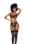 A three-piece eyelash lace lingerie set featuring an underboob design top, adjustable straps, a matching garter belt, and a thong.