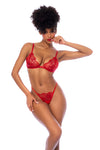 Three-Piece Floral Lace Lingerie Set | Bralette, Garter Belt & Thong in Vibrant Red