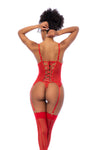 Back view of A two-piece lingerie set featuring sequin-embroidered mesh, including a bustier with underwire, lace-up back design, adjustable shoulder straps, and a matching thong for a glamorous and seductive look.