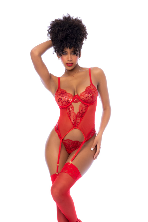 Front view of A two-piece lingerie set featuring sequin-embroidered mesh, including a bustier with underwire, lace-up back design, adjustable shoulder straps, and a matching thong for a glamorous and seductive look.