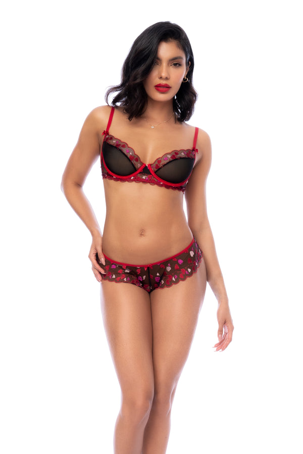 Front view of A two-piece lingerie set in heart-embroidered mesh featuring a top with underwire, adjustable straps, matching panty, and a satin bow detail on the back for a romantic and flirty look.