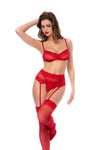 Front View of a three-piece lingerie set featuring heart lace with an underwire top, garter belt, lace-up back, and matching thong for a romantic and seductive look.