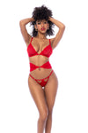 A three-piece lingerie set featuring heart lace, including a top with adjustable straps, a flexible corset, and a matching thong for a romantic and seductive look.