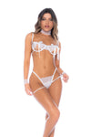 Bold White Four-Piece Lingerie Set with Open Cup Bra, Thong & Cuffs