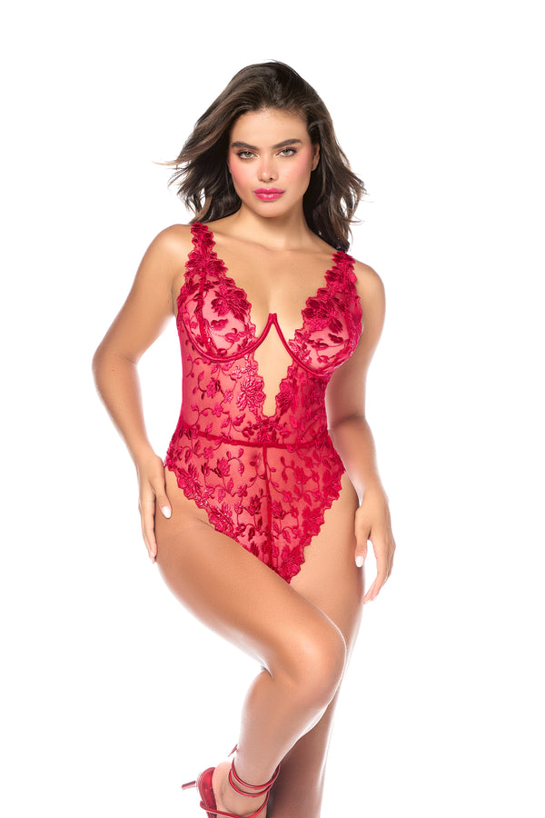 Fiery Red Teddy Ð Sexy Sheer Mesh Lingerie Bodysuit with Passion