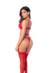 Fiery Red Three-Piece Lingerie Set with Lace Bra, Thong & Garter