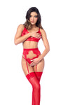 Fiery Red Three-Piece Lingerie Set with Lace Bra, Thong & Garter