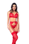 Fiery Red Three-Piece Lingerie Set with Lace Bra, Thong & Garter