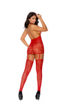 Back view of sheer red halter lingerie with keyhole detail and stockings

