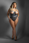 Adjustable mesh halter teddy with underwire cups, elastic waistband & wrist restraints