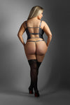 Gartered mesh bustier with underwire cups & g-string panty with hook clasp closures