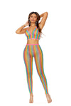 Front View: Model wearing rainbow sheer crochet net cami and leggings set, mesh knit detailing, pink trim, clear heels