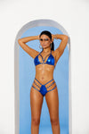 Front View: electric blue metallic bikini set with strappy high-waist thong and ring detail