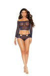 navy crochet lingerie set off shoulder long sleeve top and matching cut-out shorts

