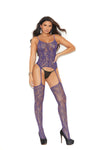 Purple lace suspender bodystocking with floral lace design and open crotch erotic lingerie
